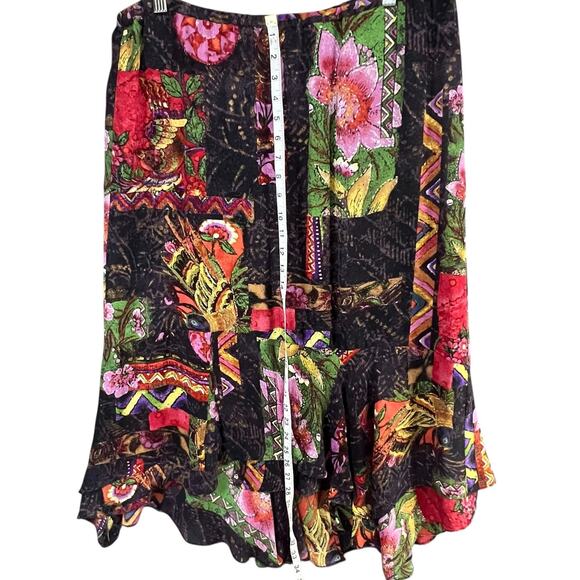 Chicos Silk Skirt Size Large Black Floral Patchwork Pull On Asymmetric Boho Chic - Picture 6 of 10